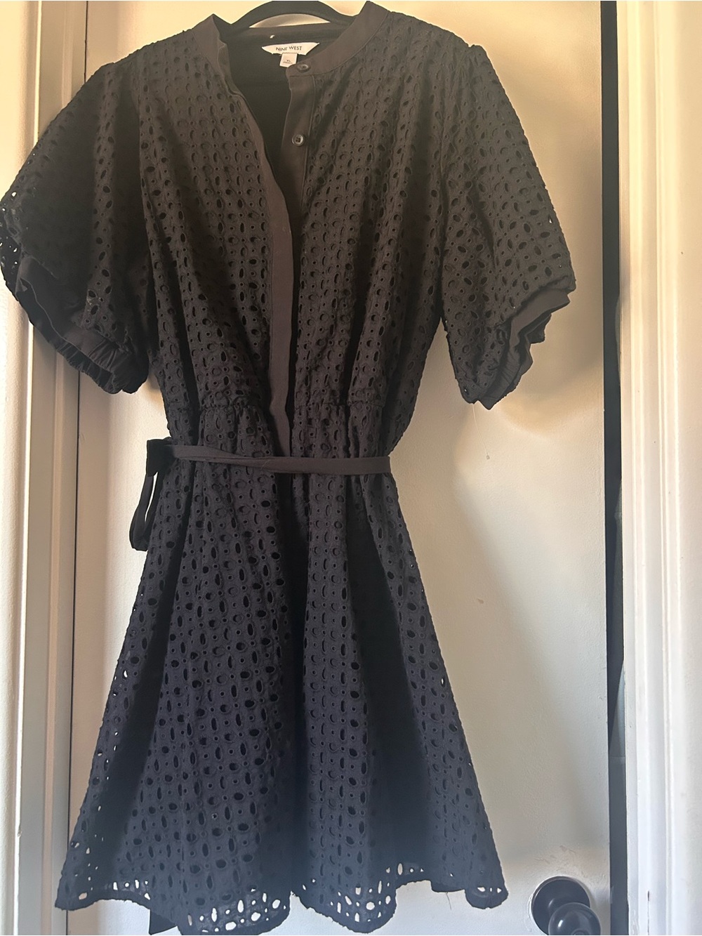 Nine West Black Eyelet Belted Shirt Dress